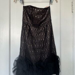 Milly of New York Black Geometric Lace Strapless Mini Dress w tulle ruffle hem